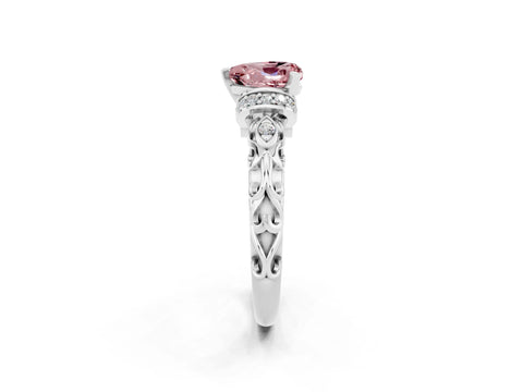 White gold Heart Cut Morganite Solitaire Ring with Filigree Band and Four-Prong Setting_26