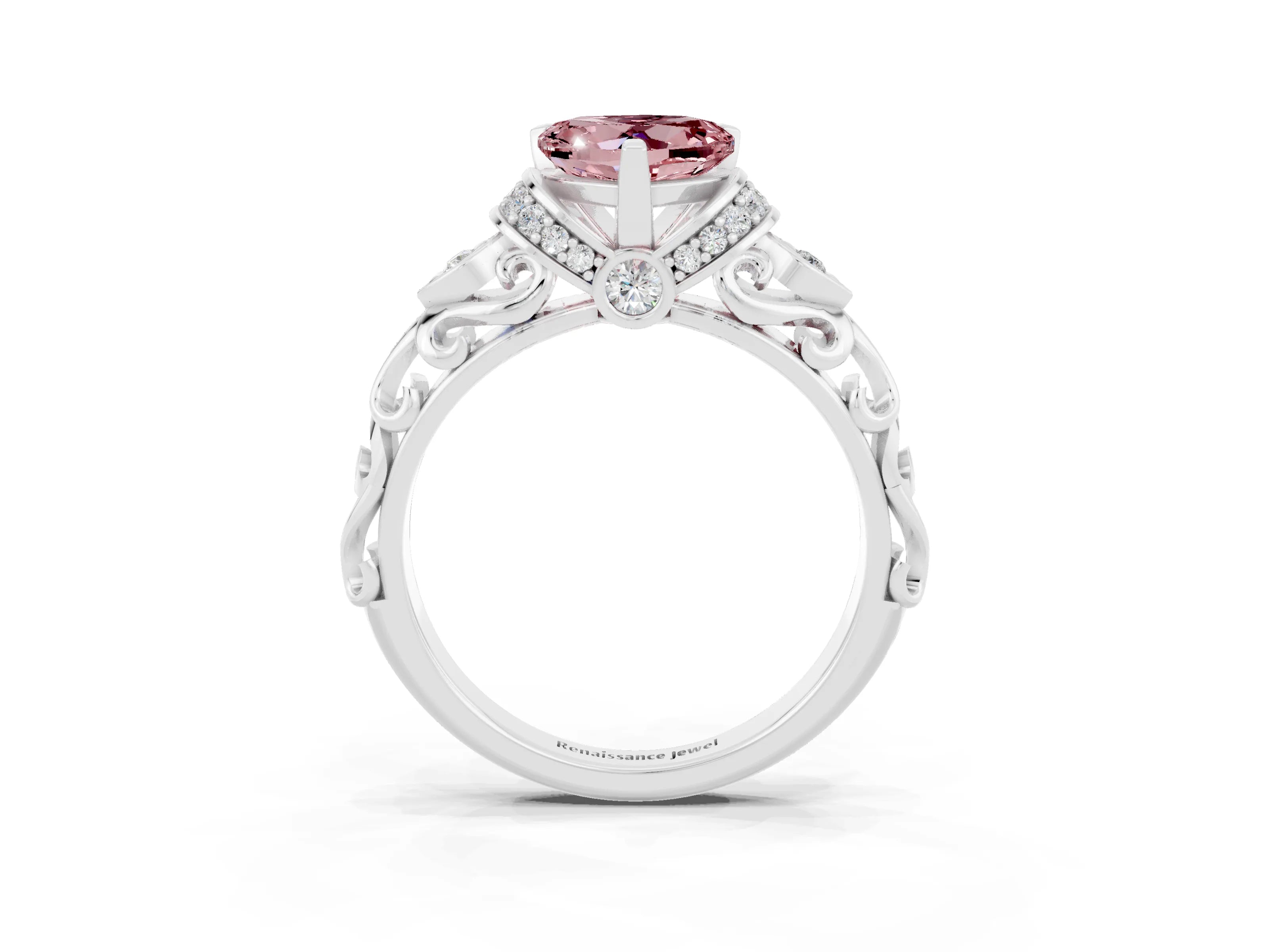 White gold Heart Cut Morganite Solitaire Ring with Filigree Band and Four-Prong Setting_27