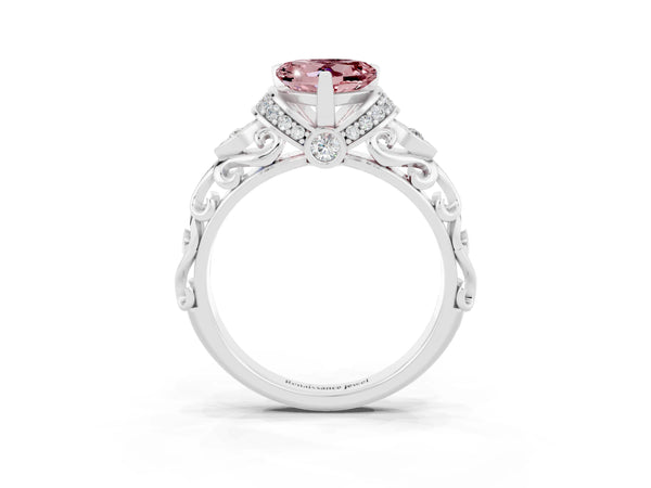 Platinum Heart Cut Morganite Solitaire Ring with Filigree Band and Four-Prong Setting