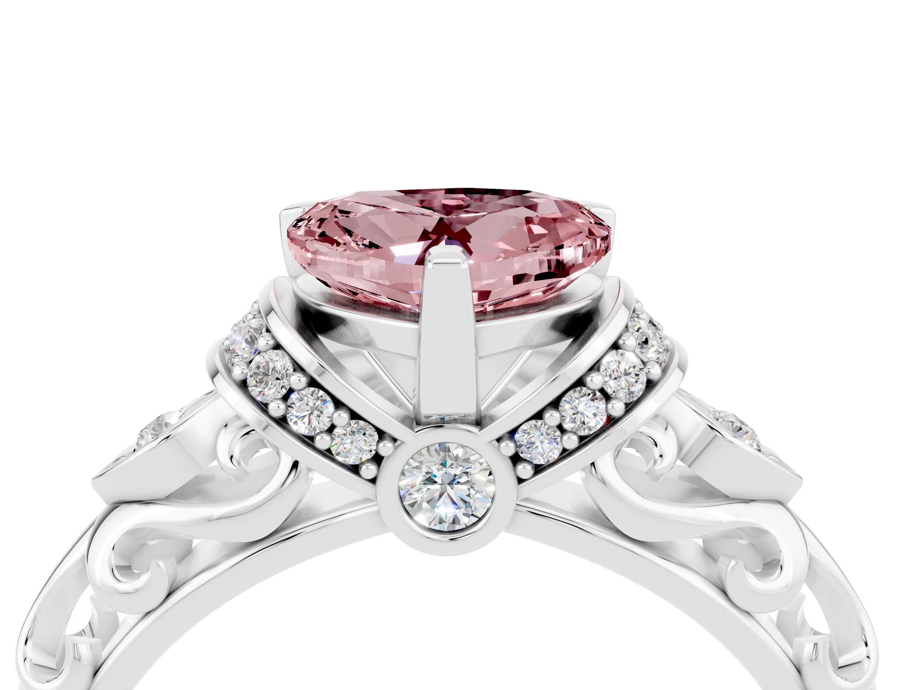 White gold Heart Cut Morganite Solitaire Ring with Filigree Band and Four-Prong Setting_28