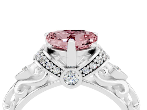 White gold Heart Cut Morganite Solitaire Ring with Filigree Band and Four-Prong Setting_28