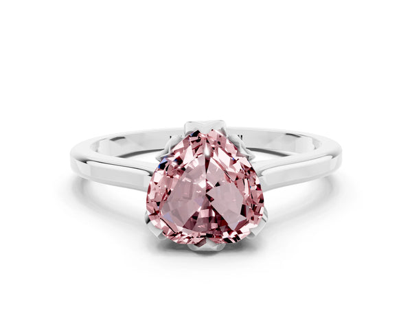 Platinum Heart Cut Morganite Solitaire Ring with Flower Prong Setting and Classic Band