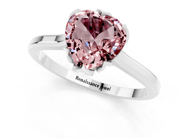 White gold Heart Cut Morganite Solitaire Ring with Flower Prong Setting and Classic Band