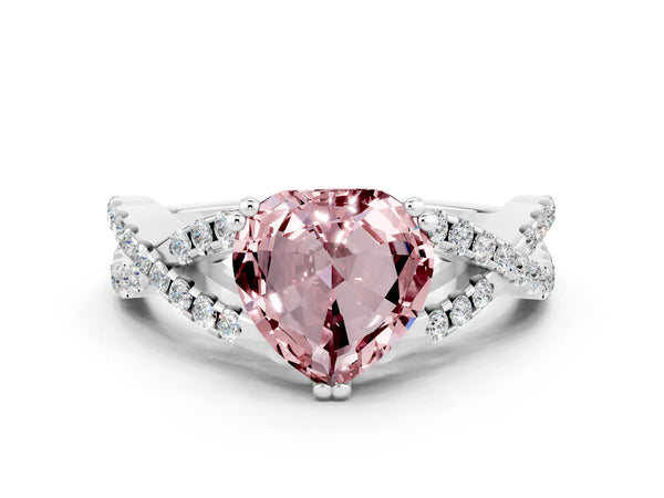 Platinum Heart Cut Morganite Solitaire Ring with Four-Prong Setting and Twisted Pavé Band