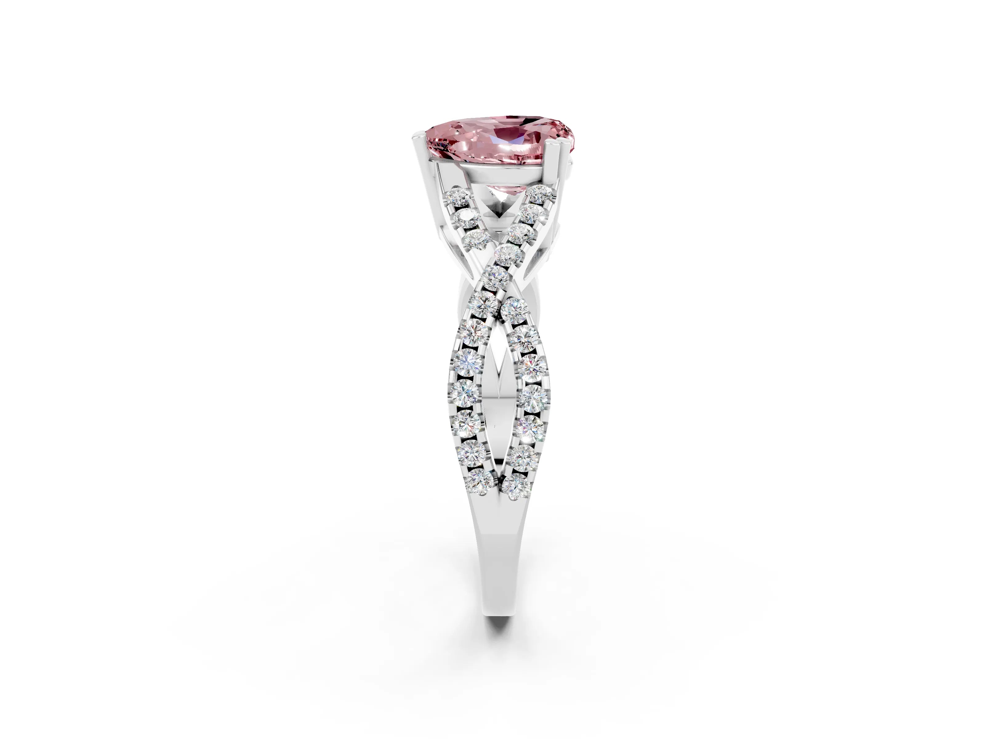 White gold Heart Cut Morganite Solitaire Ring with Four-Prong Setting and Twisted Pavé Band_2