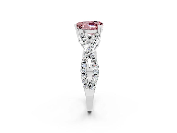 Silver Heart Cut Morganite Solitaire Ring with Four-Prong Setting and Twisted Pavé Band