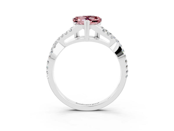 Platinum Heart Cut Morganite Solitaire Ring with Four-Prong Setting and Twisted Pavé Band