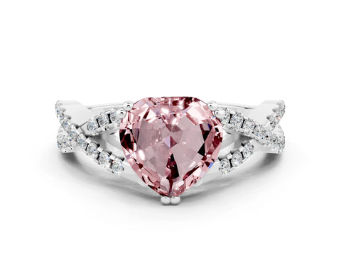 White gold Heart Cut Morganite Solitaire Ring with Four-Prong Setting and Twisted Pavé Band