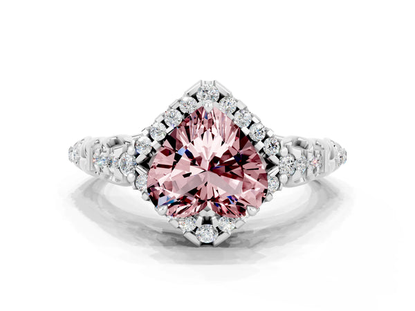 Silver Heart Cut Morganite Solitaire Ring with Hidden Halo and Pavé Band