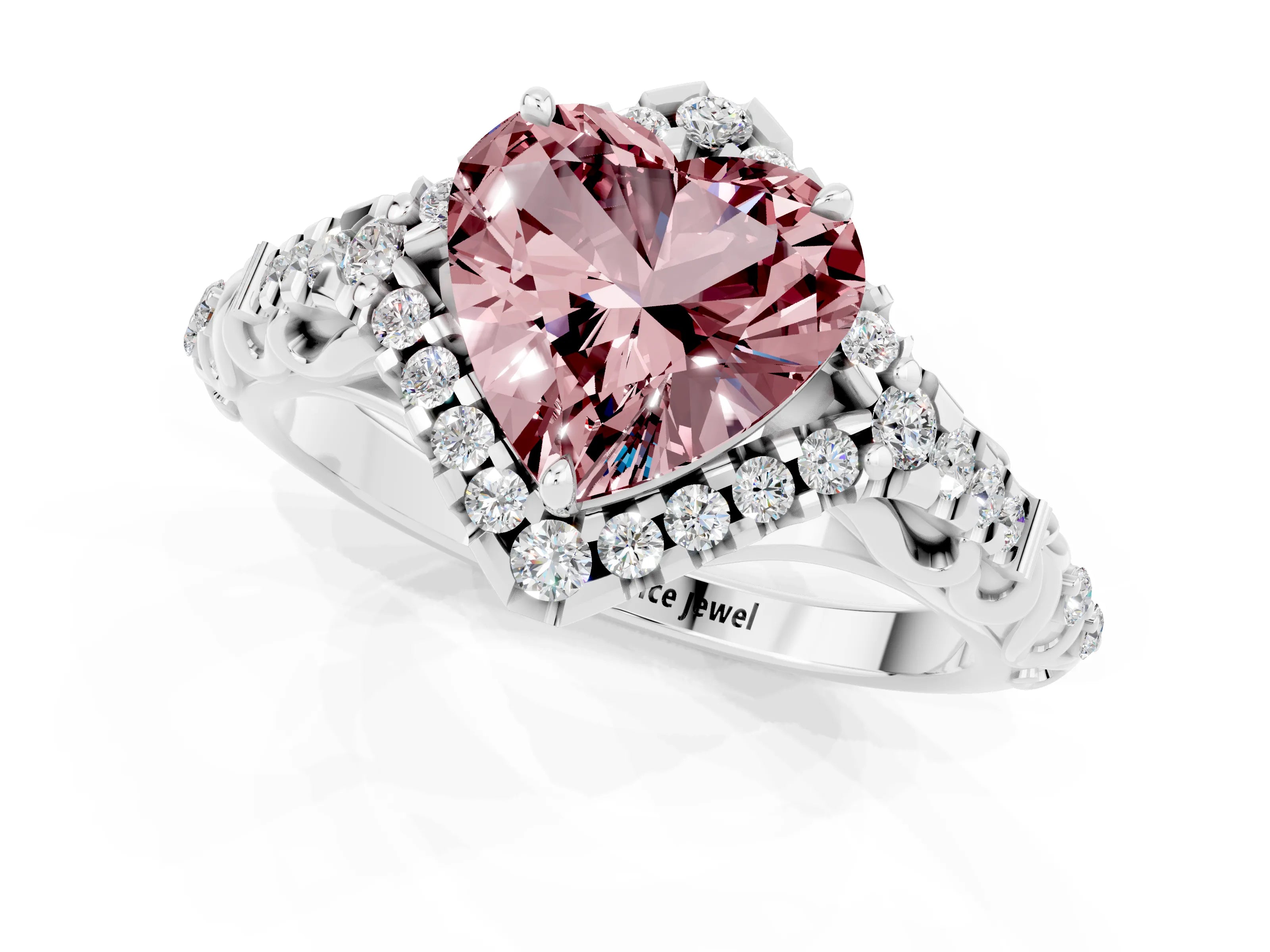 White gold Heart Cut Morganite Solitaire Ring with Hidden Halo and Pavé Band_13