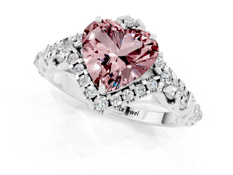 White gold Heart Cut Morganite Solitaire Ring with Hidden Halo and Pavé Band_13