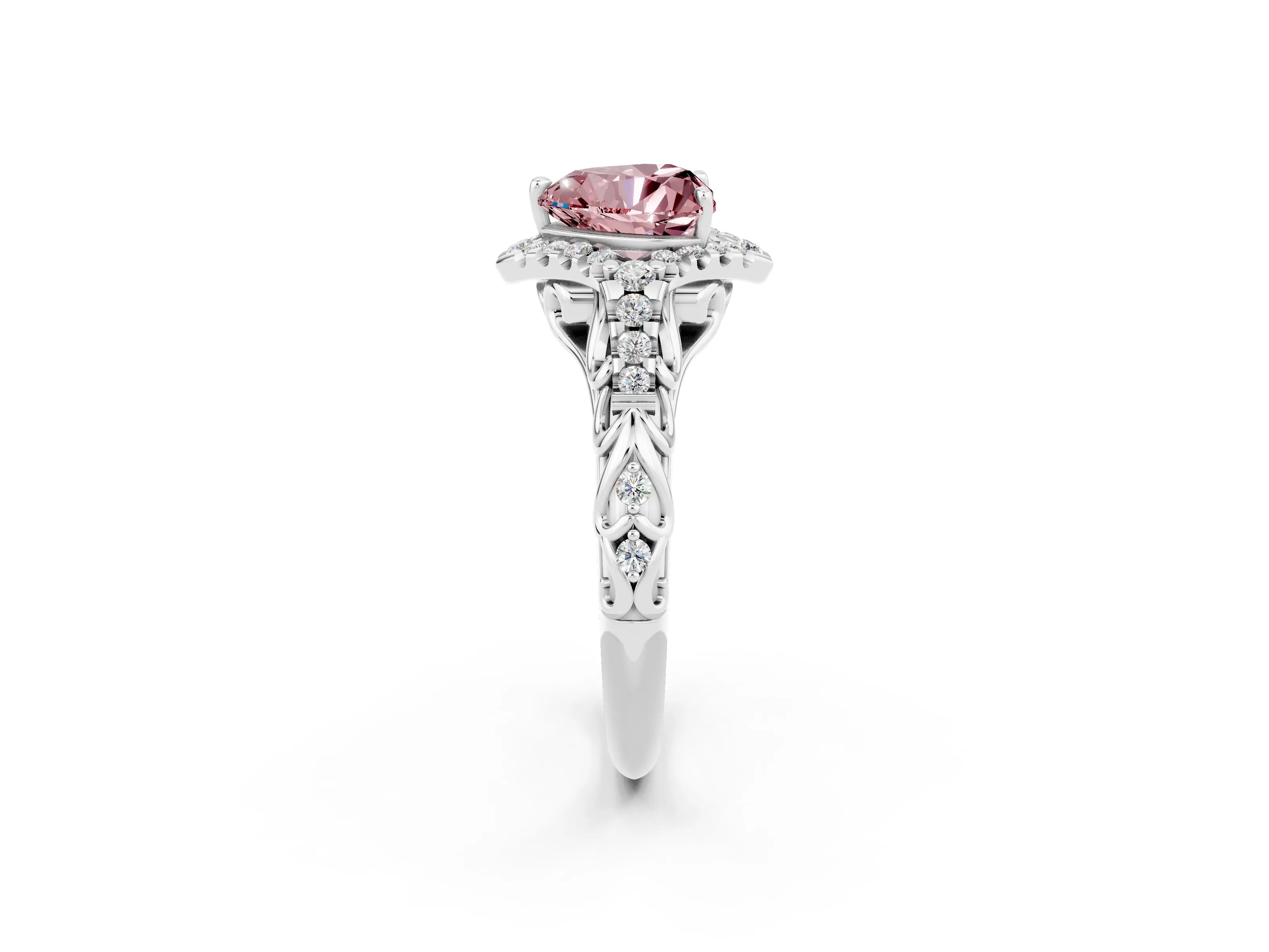 White gold Heart Cut Morganite Solitaire Ring with Hidden Halo and Pavé Band_14