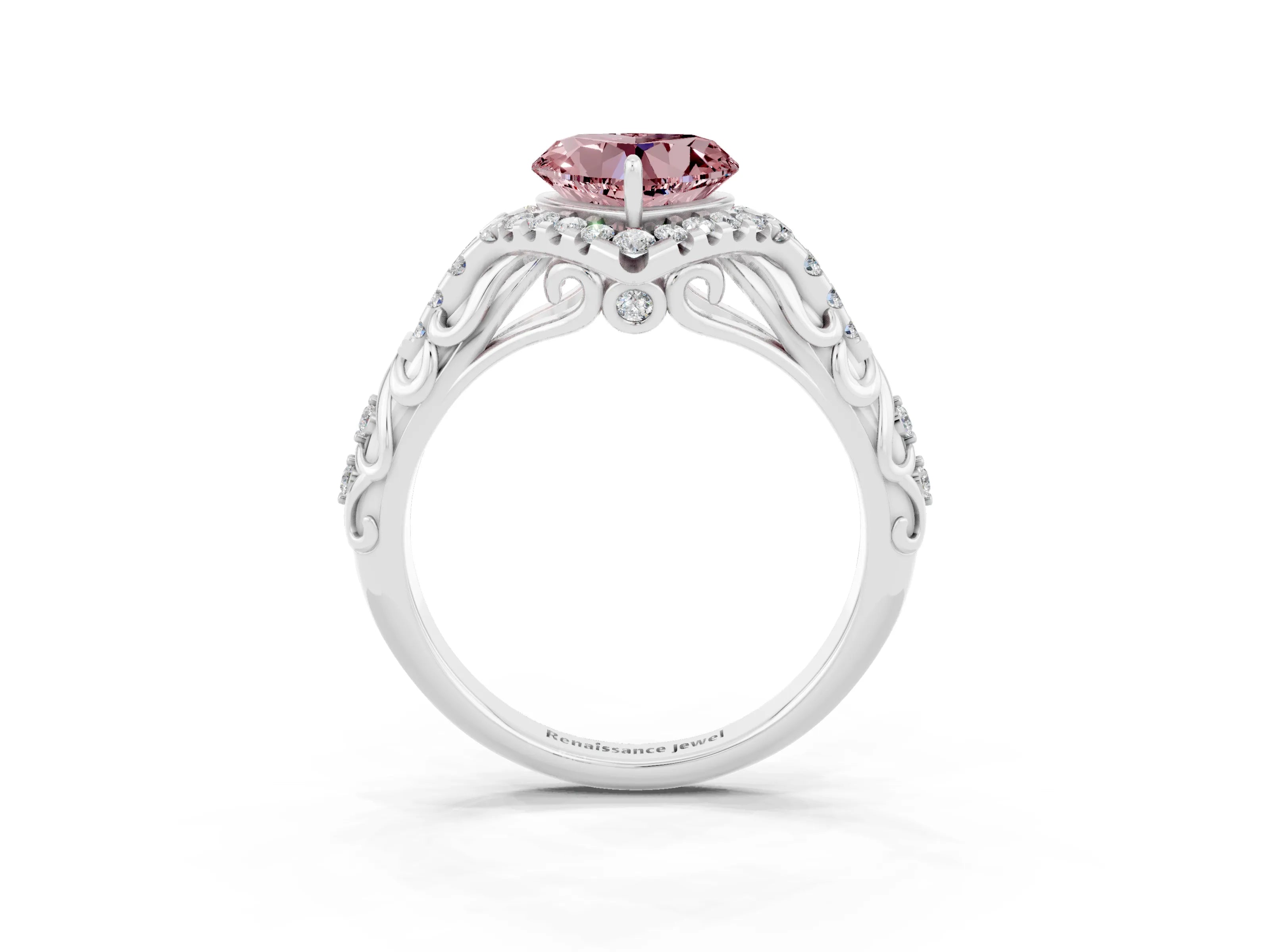 White gold Heart Cut Morganite Solitaire Ring with Hidden Halo and Pavé Band_15