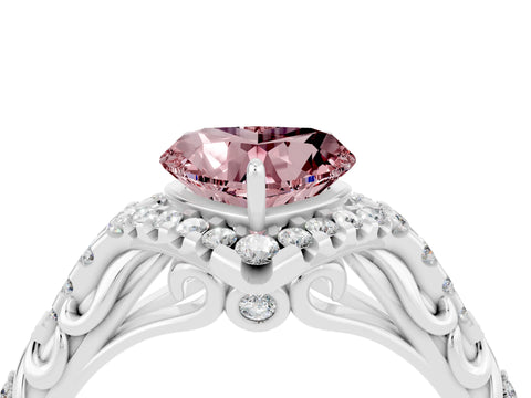 White gold Heart Cut Morganite Solitaire Ring with Hidden Halo and Pavé Band_16