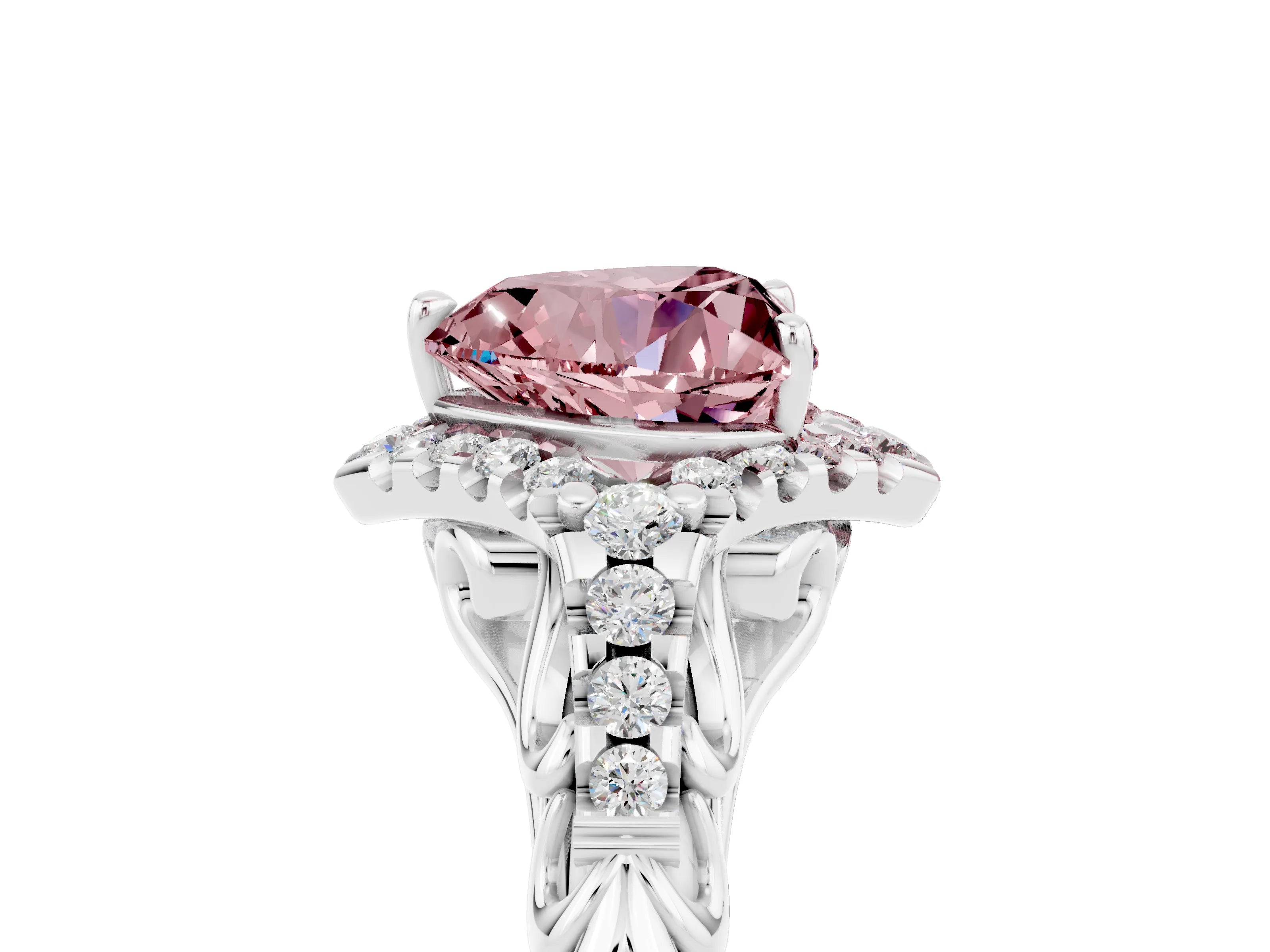 White gold Heart Cut Morganite Solitaire Ring with Hidden Halo and Pavé Band_17