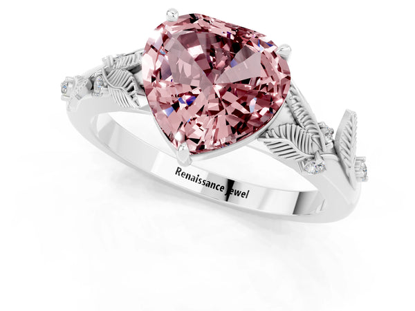 Platinum Heart Cut Morganite Solitaire Ring with Leaf Motif Band and Four-Prong Setting