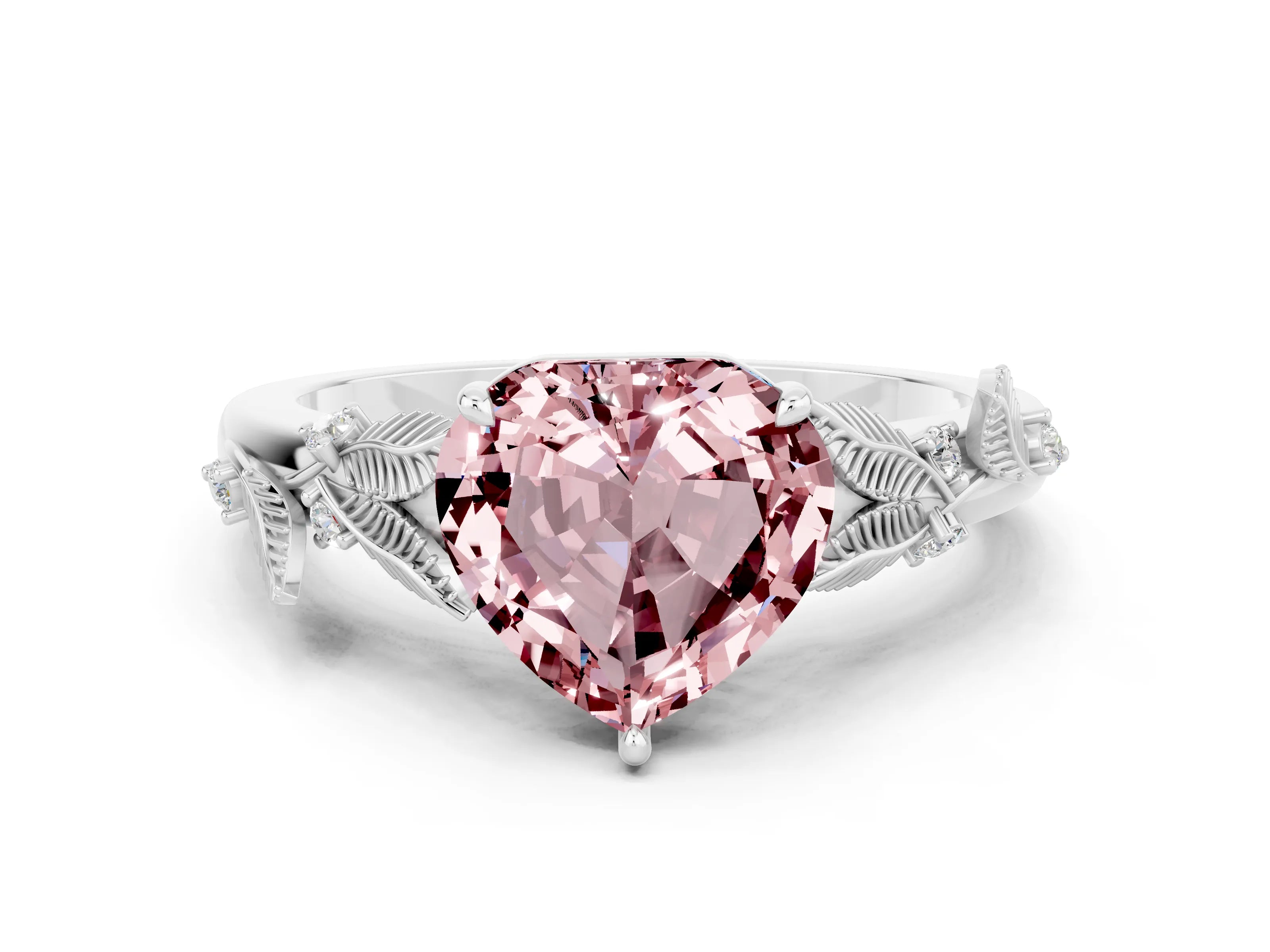 White gold Heart Cut Morganite Solitaire Ring with Leaf Motif Band and Four-Prong Setting_12