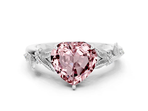 White gold Heart Cut Morganite Solitaire Ring with Leaf Motif Band and Four-Prong Setting_12