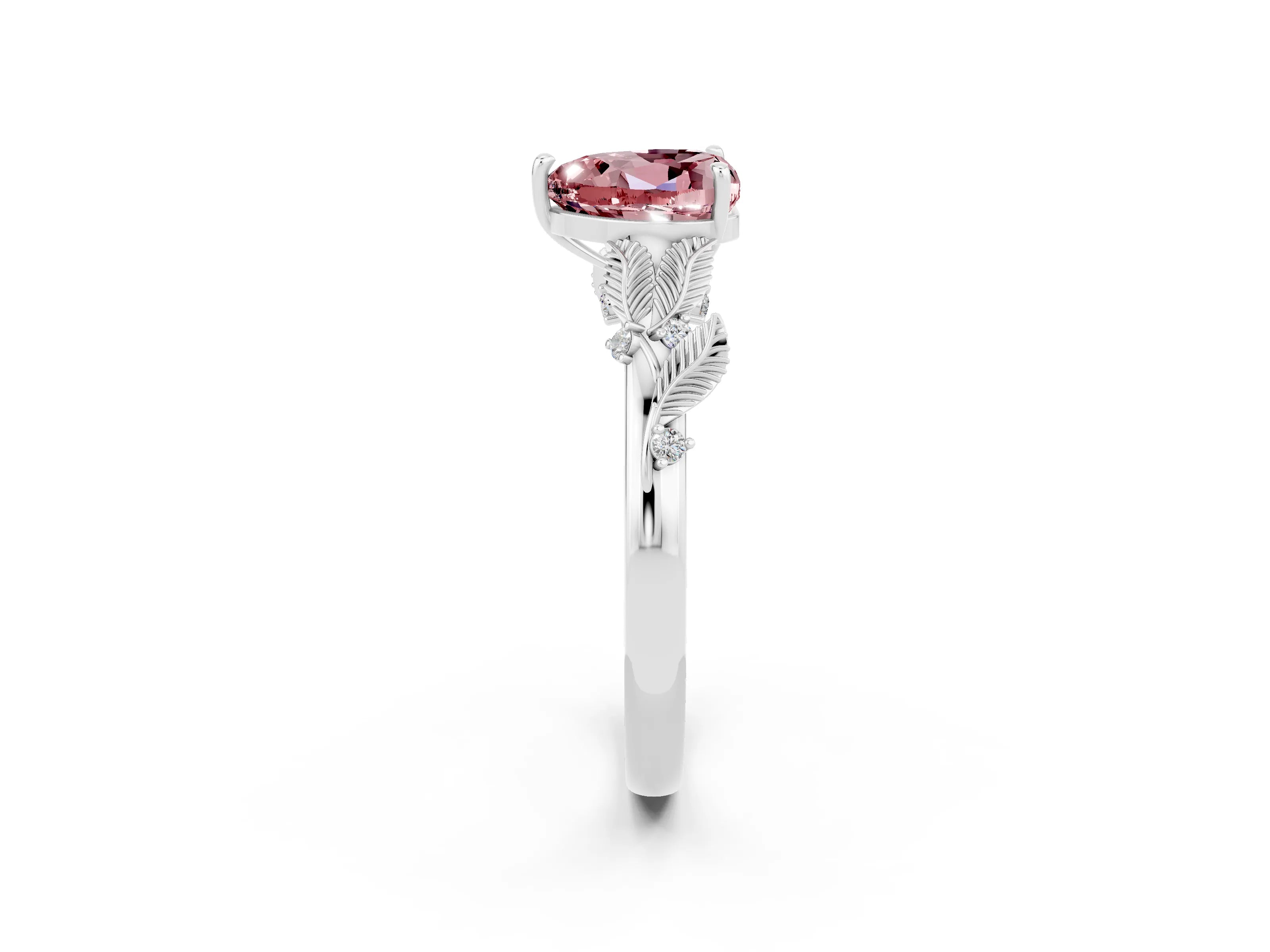 White gold Heart Cut Morganite Solitaire Ring with Leaf Motif Band and Four-Prong Setting_14
