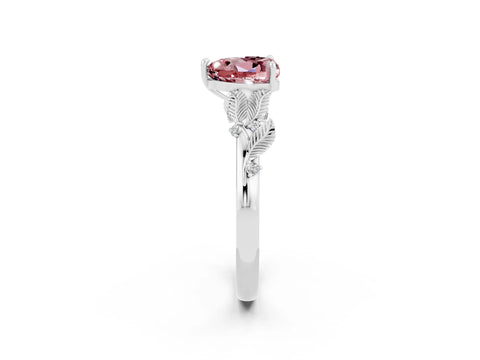 White gold Heart Cut Morganite Solitaire Ring with Leaf Motif Band and Four-Prong Setting_14