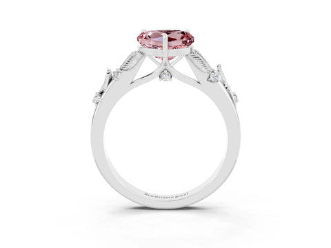 White gold Heart Cut Morganite Solitaire Ring with Leaf Motif Band and Four-Prong Setting_15