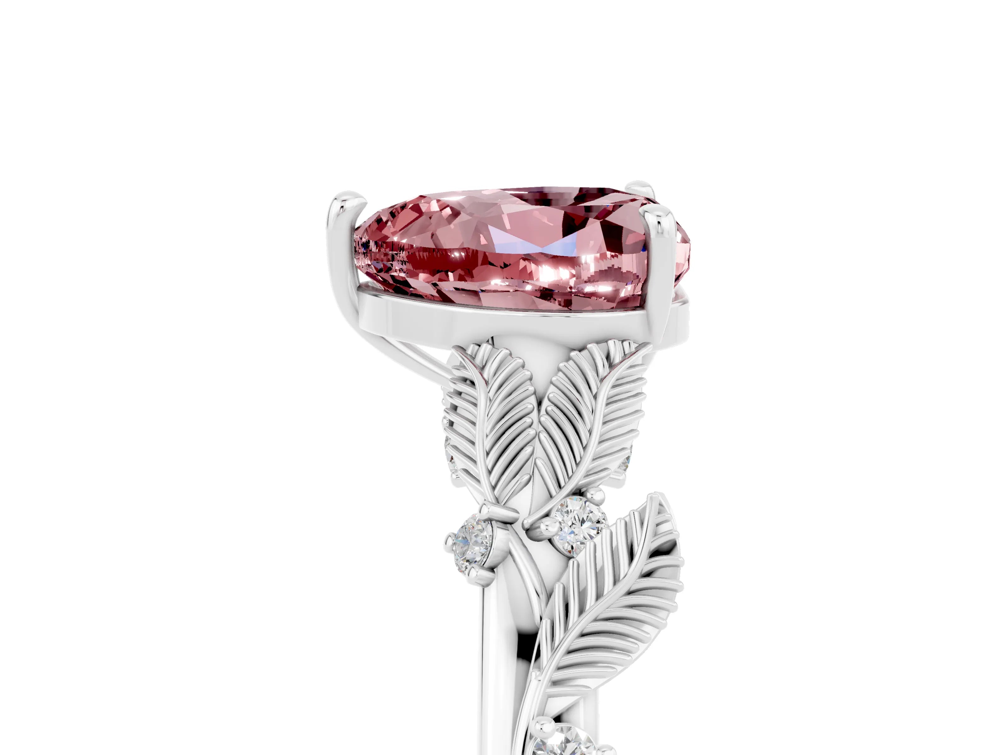 White gold Heart Cut Morganite Solitaire Ring with Leaf Motif Band and Four-Prong Setting_17