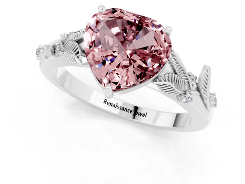 White gold Heart Cut Morganite Solitaire Ring with Leaf Motif Band and Four-Prong Setting_1
