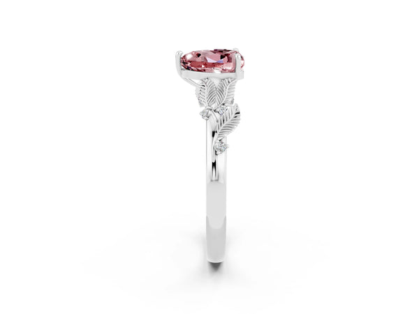 Silver Heart Cut Morganite Solitaire Ring with Leaf Motif Band and Four-Prong Setting