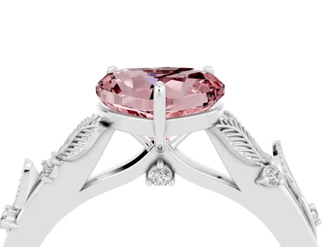 White gold Heart Cut Morganite Solitaire Ring with Leaf Motif Band and Four-Prong Setting_4