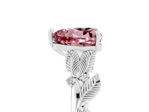 White gold Heart Cut Morganite Solitaire Ring with Leaf Motif Band and Four-Prong Setting_5