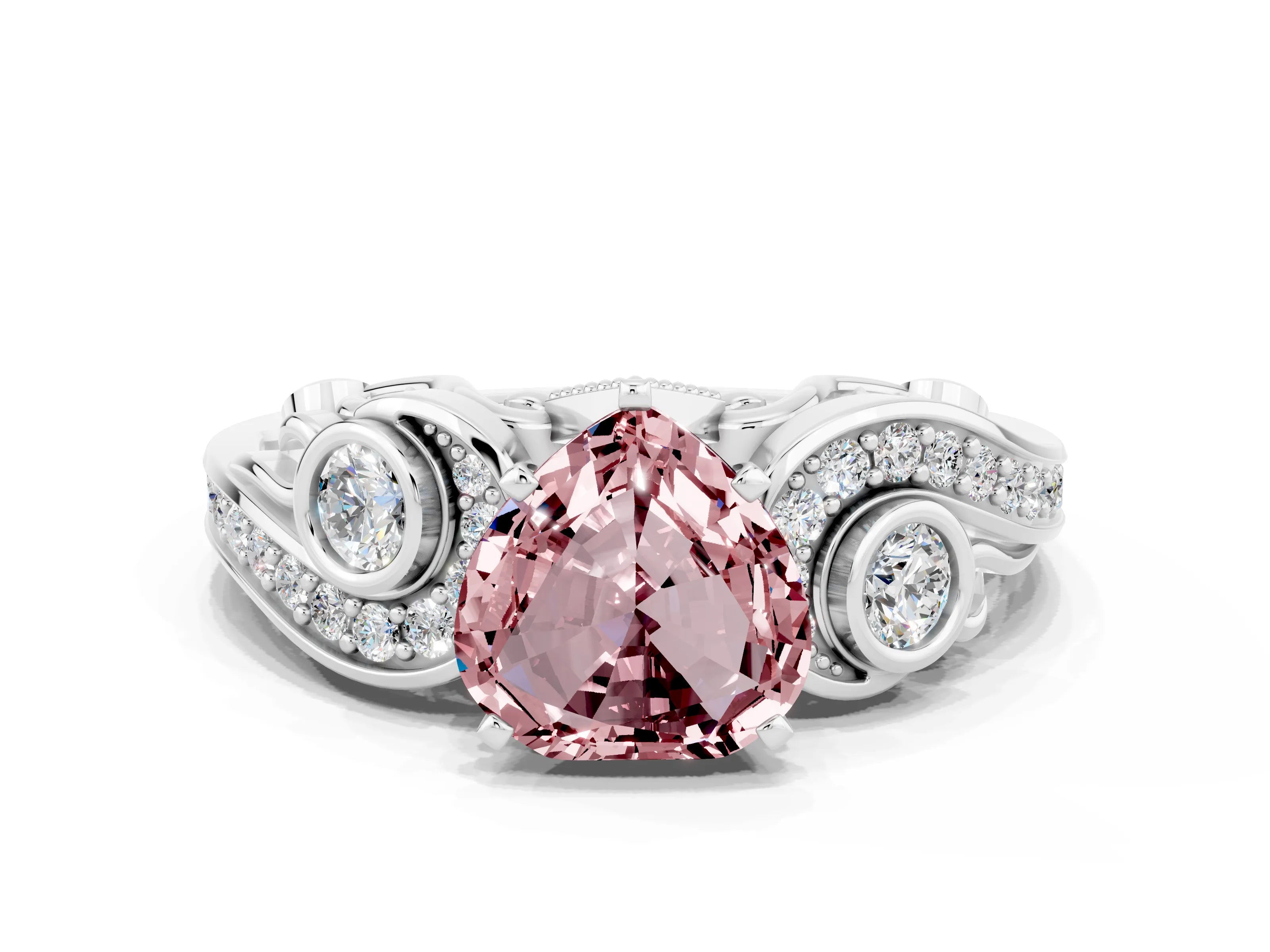 White gold Heart Cut Morganite Solitaire Ring with Milgrain Pavé Band and Four-Prong Setting_12