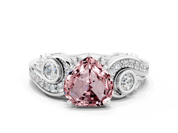 Silver Heart Cut Morganite Solitaire Ring with Milgrain Pavé Band and Four-Prong Setting