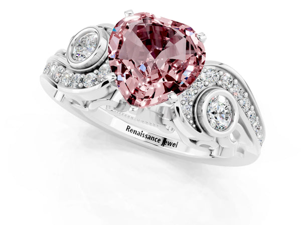 Platinum Heart Cut Morganite Solitaire Ring with Milgrain Pavé Band and Four-Prong Setting