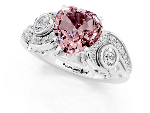 White gold Heart Cut Morganite Solitaire Ring with Milgrain Pavé Band and Four-Prong Setting_13