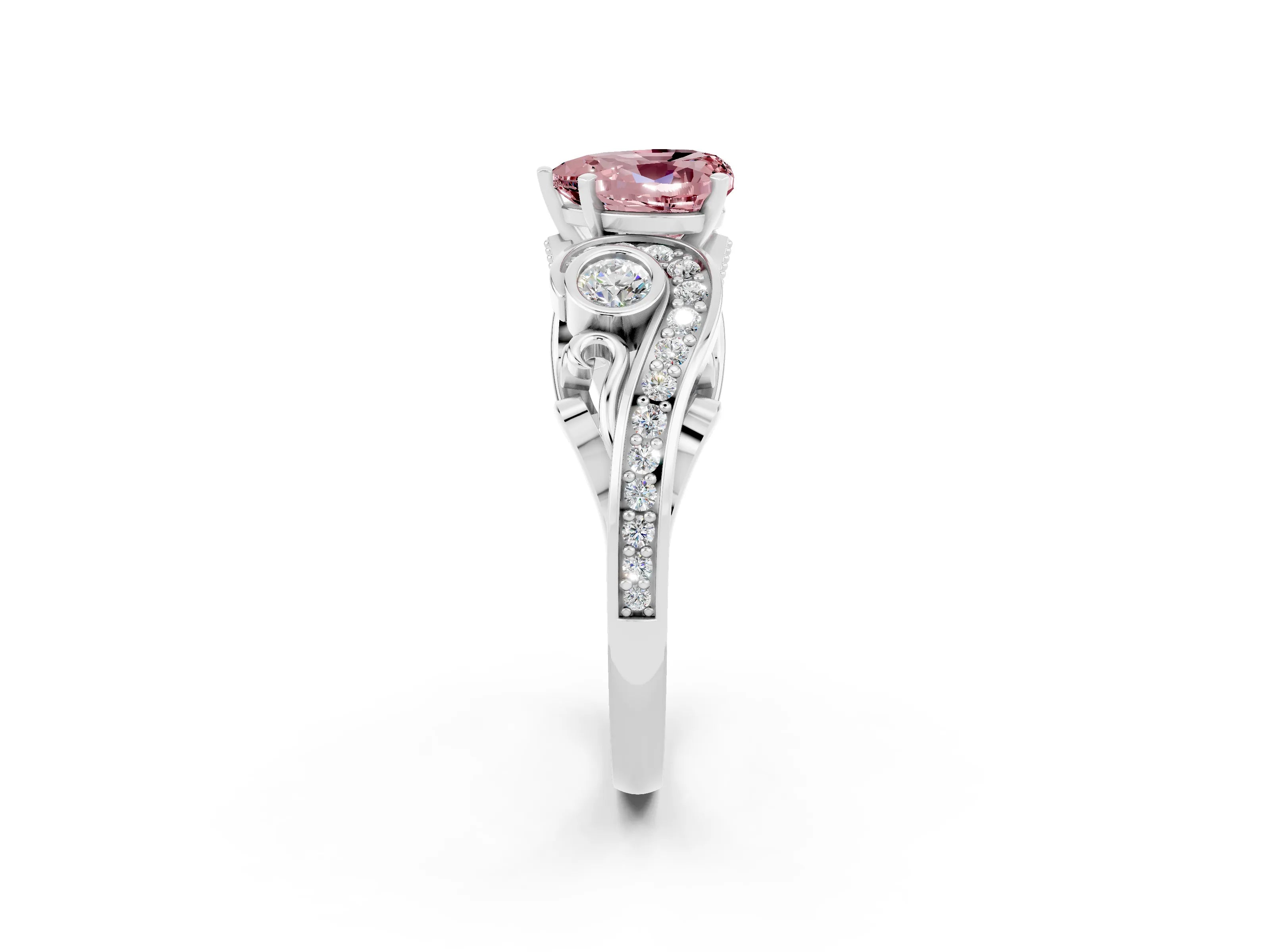 White gold Heart Cut Morganite Solitaire Ring with Milgrain Pavé Band and Four-Prong Setting_14