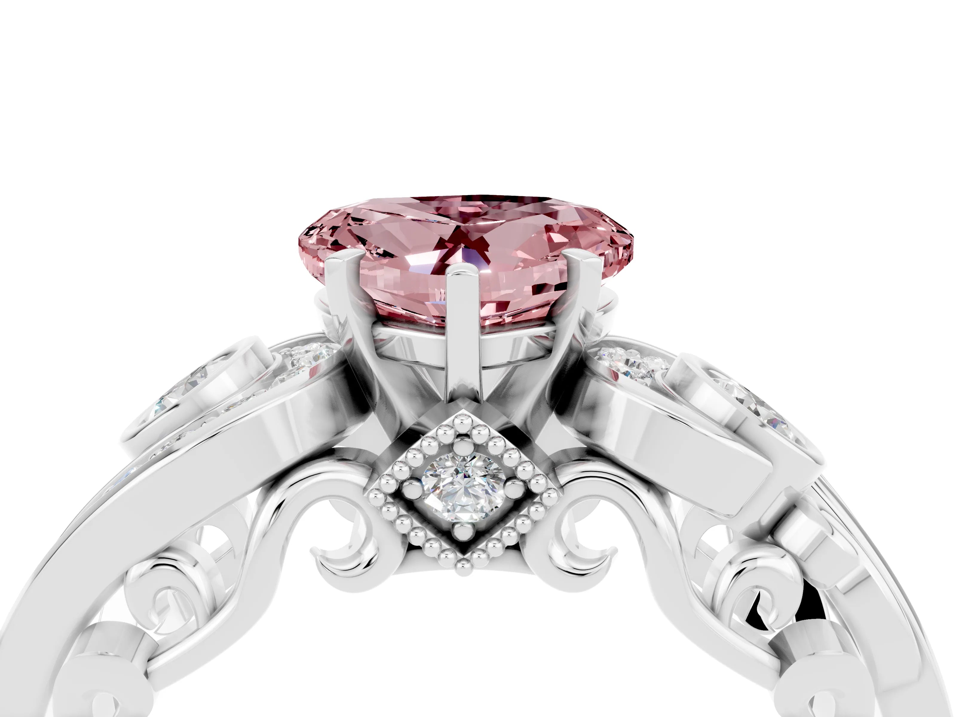 White gold Heart Cut Morganite Solitaire Ring with Milgrain Pavé Band and Four-Prong Setting_16