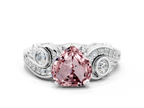 White gold Heart Cut Morganite Solitaire Ring with Milgrain Pavé Band and Four-Prong Setting_48