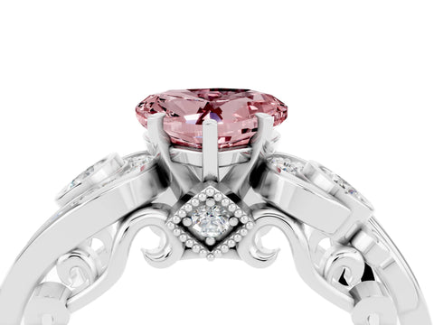White gold Heart Cut Morganite Solitaire Ring with Milgrain Pavé Band and Four-Prong Setting_52