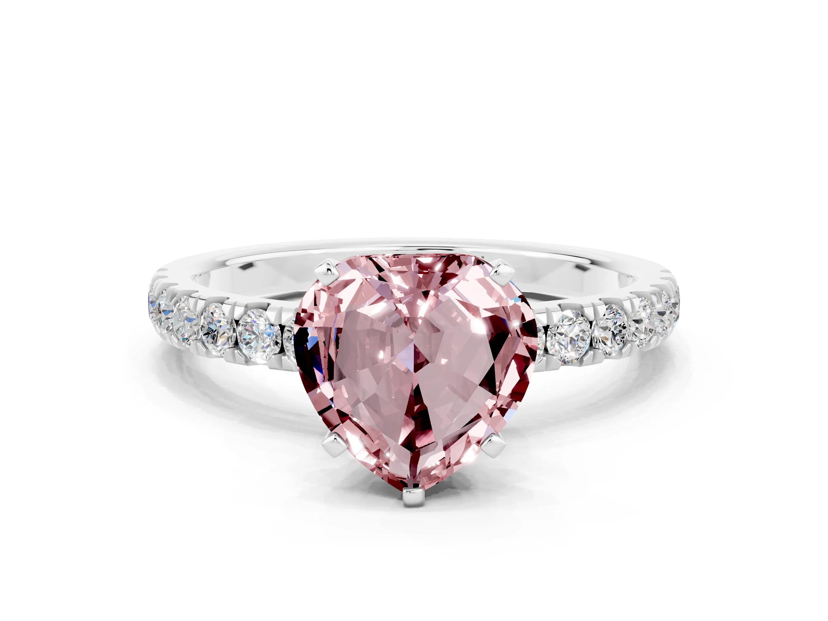 White gold Heart Cut Morganite Solitaire Ring with Pavé Accents and Four-Prong Setting