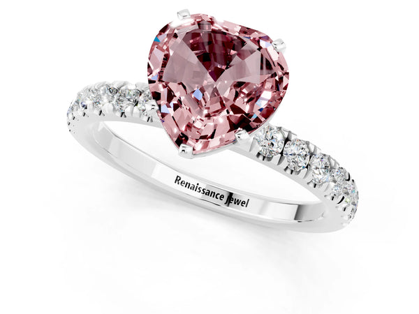 White gold Heart Cut Morganite Solitaire Ring with Pavé Accents and Four-Prong Setting