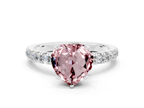 White gold Heart Cut Morganite Solitaire Ring with Pavé Accents and Four-Prong Setting