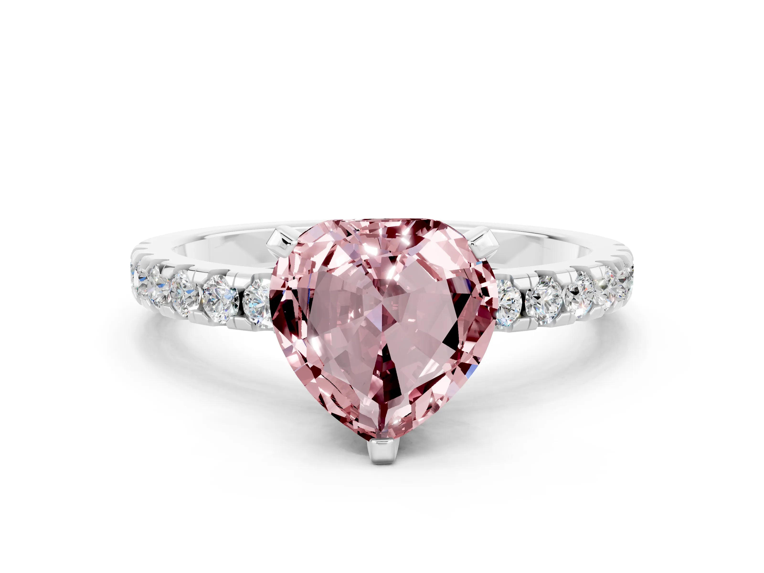 White gold Heart Cut Morganite Solitaire Ring with Pavé Band and Four-Prong Setting_24