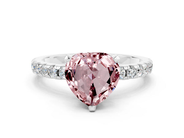Silver Heart Cut Morganite Solitaire Ring with Round  Pavé Band and Four-Prong Setting