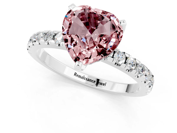 Silver Heart Cut Morganite Solitaire Ring with Round  Pavé Band and Four-Prong Setting