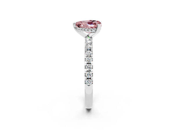 Platinum Heart Cut Morganite Solitaire Ring with Round  Pavé Band and Four-Prong Setting