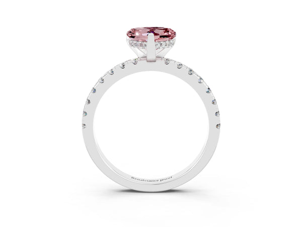 White gold Heart Cut Morganite Solitaire Ring with Round  Pavé Band and Four-Prong Setting