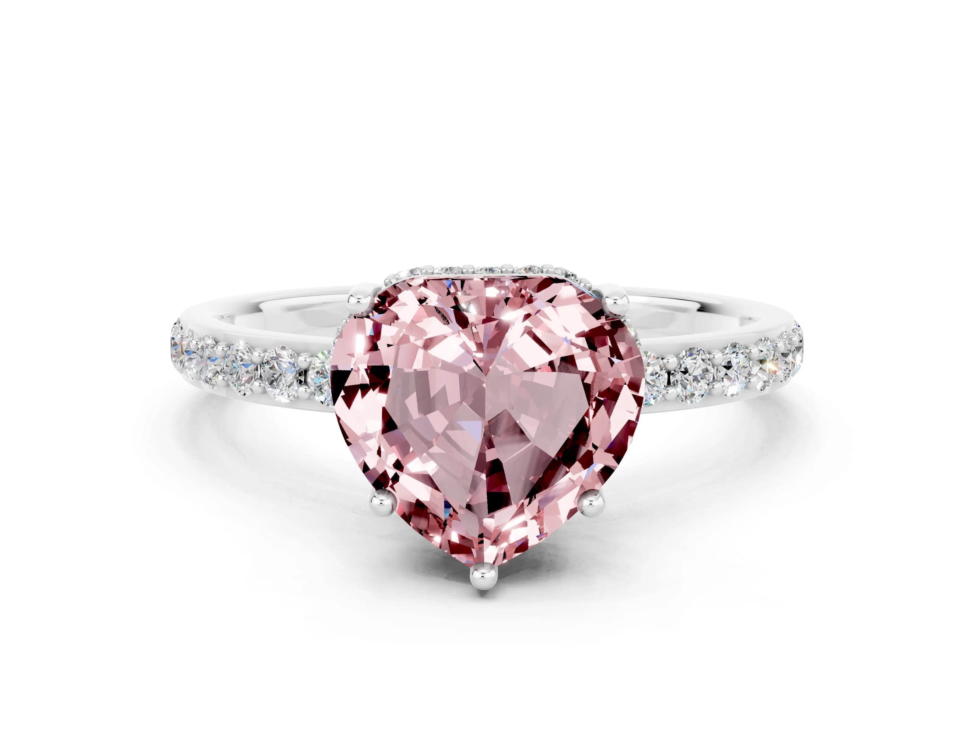 White gold Heart Cut Morganite Solitaire Ring with Pavé Band and Hidden Halo_12