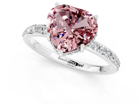 White gold Heart Cut Morganite Solitaire Ring with Pavé Band and Hidden Halo_13