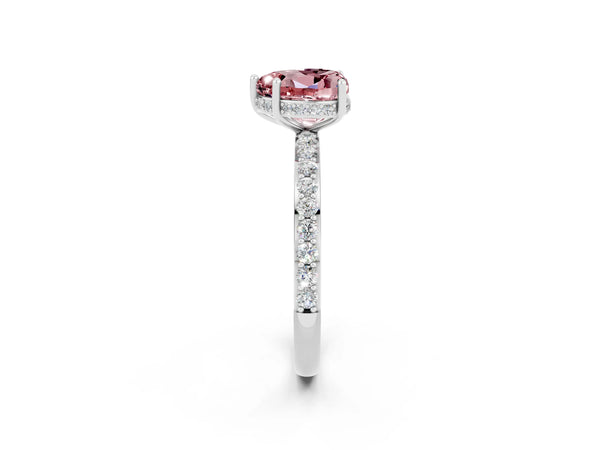 Platinum Heart Cut Morganite Solitaire Ring with Pavé Band and Hidden Halo