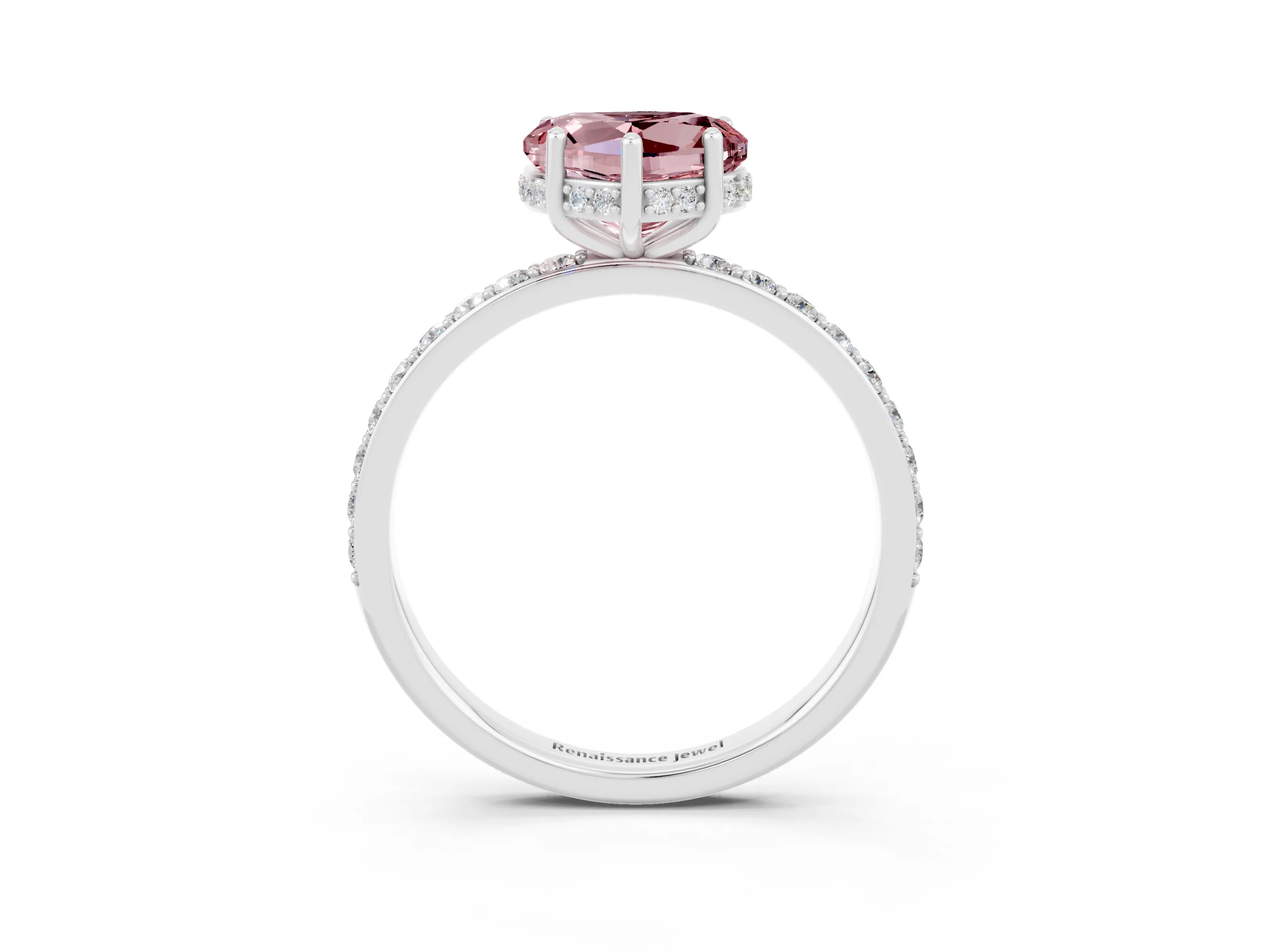 White gold Heart Cut Morganite Solitaire Ring with Pavé Band and Hidden Halo_15